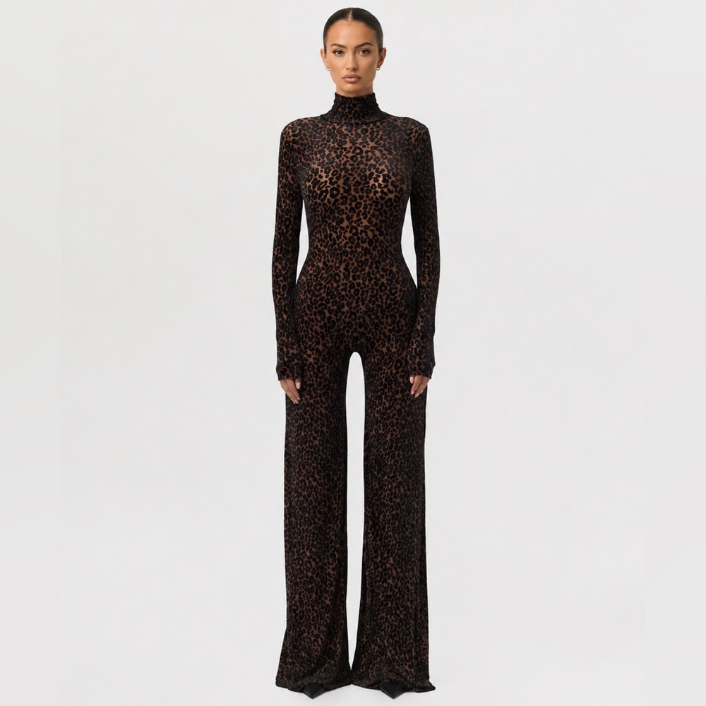 Naked Wardrobe Burnout Leopard Print Turtleneck Jumpsuit